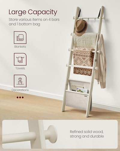VASAGLE Blanket Ladder, 5-Tier Pine Wood Ladder Shelf with PU Leather Bag - Image 4