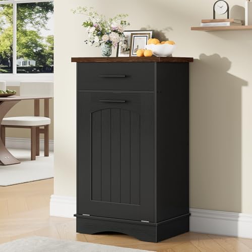HOOBRO 10 Gallon Tilt Out Trash Cabinet, Kitchen Trash Can, Trash Bin Storage, with Flip Door and Large Drawer, Hidden Laundry Hamper Cabinet, for Kitchen, Laundry, Black and Walnut BH02LJ01 - Image 2