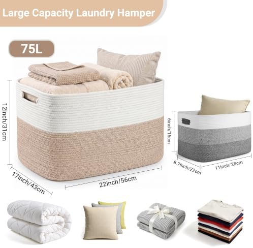 75L Blanket Basket, Large Cotton Rope Woven Storage Basket with Handles for Blankets, Pillows, Toys and Clothes, Rectangle Laundry Hamper for Living Room, Nursery, Brown/White, 22x17x12 inch - Image 2