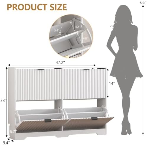 Shoe Cabinet Storage for Entryway with 4 Flip Drawers, White Fluted Shoe Cabinet with Adjustable Shelves, Wooden Hidden Shoes Rack Freestanding Narrow Slim Shoes Storage for Hallway, Entrance - Image 2