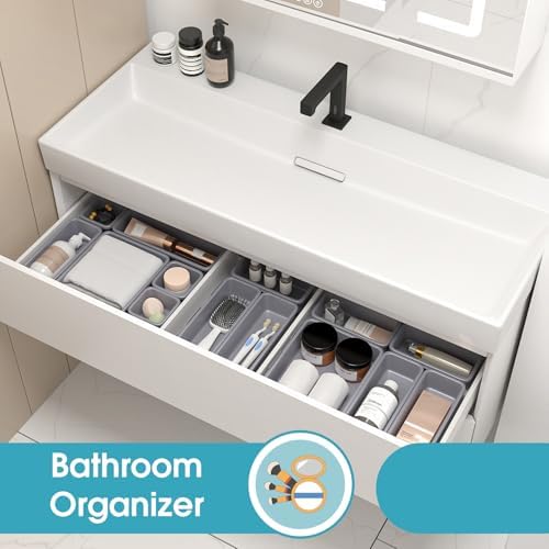 16 PCS Drawer Organizer Set, 4 Size Makeup Drawer Divider Organizer With Non-Slip Pads, Interlocking Plastic Storage Bins for Office,Jewelry Vanity,Gadgets, Bathroom,Kitchen, Grey - Image 7