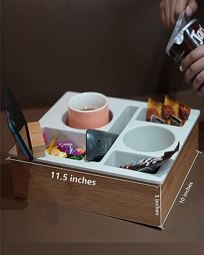 Couch Cup Holder Tray, Handy Silicone Bamboo Couch Caddy with Rotatable Phone Holder for Bed Car Seat Organizer, Waterproof Anti-Spill Sofa Cup Holder for Snacks Beverage Remote (White) - Image 5