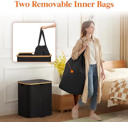 Lifewit 120L Double Laundry Hamper with Lid and Removable Bag, Black - Image 3