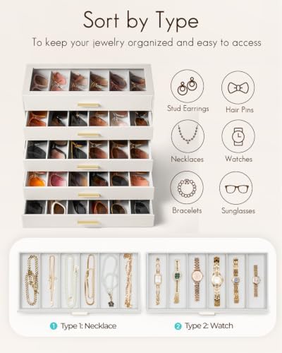 VLANDO 30-Slot Sunglasses Organizer Case with Clear Lid & 5 Drawers,Beige - Image 4