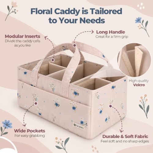 PeraBella Baby Diaper Caddy Organizer, Floral Baby Basket Shower Gift, Nursery Organizer Basket Newborn Boy & Girl Essential Items, Changing Table Organizer Caddy for Baby Stuff, Car Caddy- Pink Bloom - Image 7