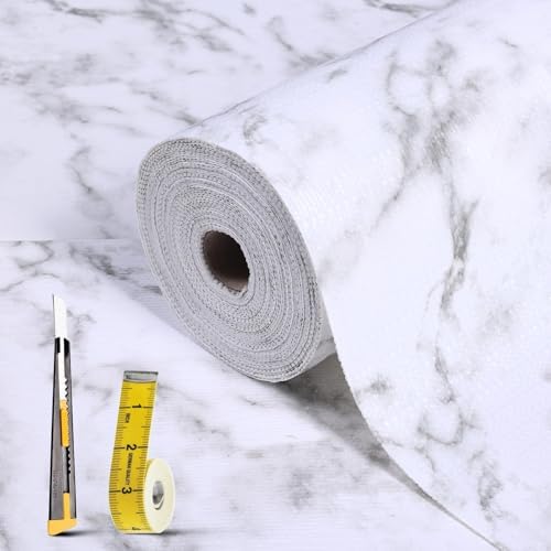 Drawer and Shelf Liner for Kitchen Cabinet: 12 in X 30 Ft Non Slip Waterproof Shelf Paper Non Adhesive Refrigerator Liners White Marble Easy Liners for Bathroom Cupboard with Knife Tape Measure by Kimhan