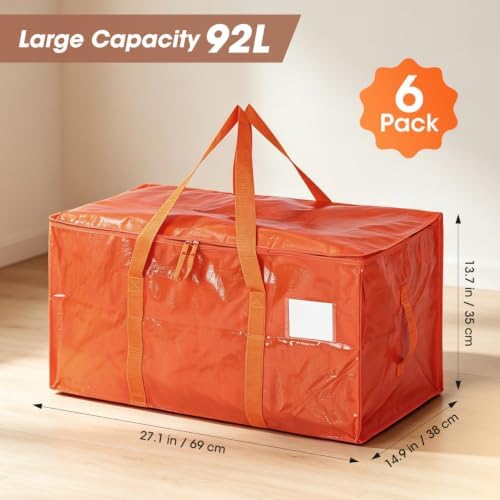 6Pcs Heavy Duty Extra Large Moving Bags Orange Storage Totes Fold Flat - Image 4