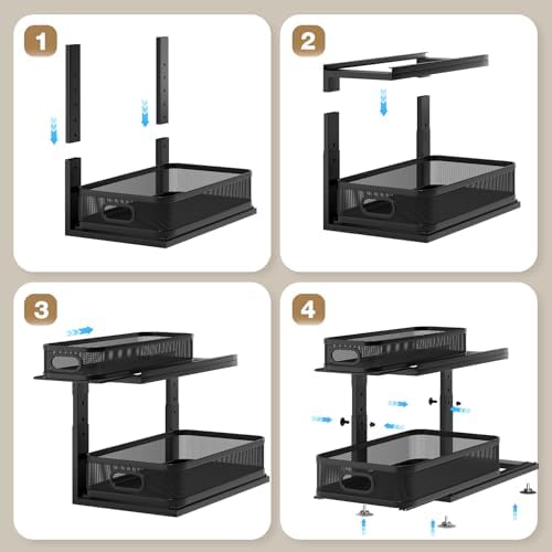 2 Pack 18.5IN-Depth Under Sink Organizer With Next-Gen Ball-Bearing Slides,2-Tier Precision Mesh Pull Out Cabinet Storage for Bathroom&Kitchen,Height Adjustable Drawers Shelf,Anti-rust-Black - Image 5