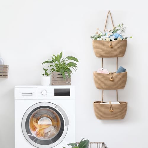 TeoKJ 3-Tier Cotton Rope Baskets with Button Strap Over the Door Wall Hanging Baskets for Nursery, Living Room, Bathroom, Door Storage Organizer for Decoration-Jute - Image 6