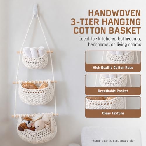Cotton Hanging Fruit Basket, 3 Tier Woven Wall Basket, Hanging storage baskets for Kitchen and Bathroom, Macrame Wall Hanging, Boho Decor Over The Door Organizer, White - Image 2