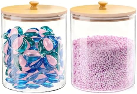HomePekite Glass Laundry Pods Storage Container, Laundry Room Organization and Storage, Detergent Powder Container, with Wooden Lids & Labels, 2 Pack by Unknown