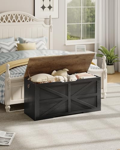 CHOEZON Storage Chest, 39.4" Wooden Storage Trunk, Modern Storage Bench with Safety Hinge, Toy Box, Farmhouse Style, for Bedroom, Living Room, Walnut and Black MCW10BL - Image 2
