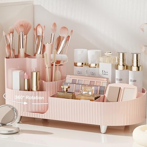 Pink Rotating Vanity Organizer with Brush Holder - Large Spinning Cosmetic Storage, Countertop Makeup & Skincare Organizer, Perfume & Lotions Display Case by COMFYROOM