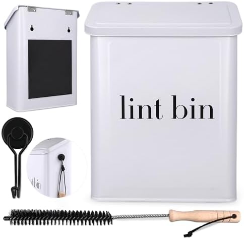 Magnetic Laundry Lint Bin for Dryer | Wall-Mounted Small Trash Can for Laundry Room | Includes Magnetic Hook & Lint Brush | Space-Saving Magnetic Laundry Trash Can | Matte White by Unknown