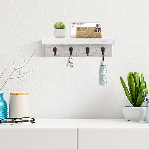 Key Holder Wall Mount, Farmhouse Wall Shelf with 4 Hooks for Entryway - Image 2