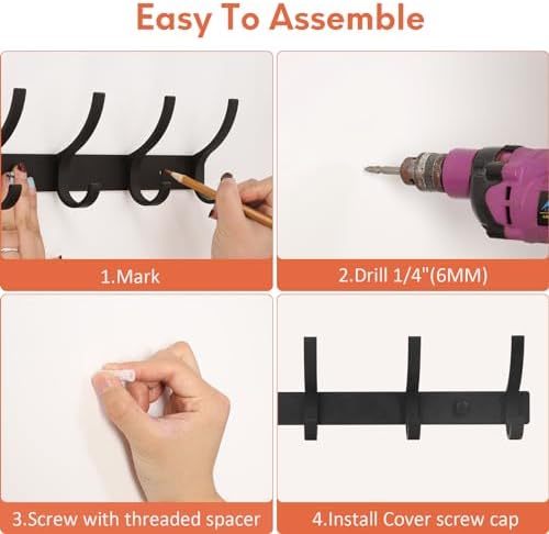 Optish Coat Rack Wall Mount, Coat Hook Wall Mount, Wall Hooks for Hanging, Hat Rack for Walls, Coats Hanger with 10 Hook, Towel Hooks for Bathrooms (1 Pack, Black) - Image 5