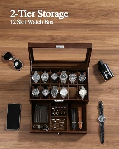 GUKA Watch Box, 12 Slot Watch Case, Watch Cases for men with Real Glass Lid, Synthetic Leather Watch Organizer storage with Jewelry Case, Birthday for Men and Women, Brown - Image 3