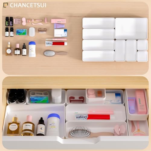 White Desk Drawer Organizer Trays: 9PC Shallow Vanity Bathroom Organizers - Image 4