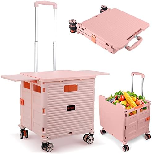 Foldable Utility Cart Collapsible Portable Crate Rolling Carts with Wheels Tote Basket with Magnetic Lid Telescopic Cover Wear-Resistant 360°Rotate Wheel Noiseless for Shopping Storage Office Use by SELORSS