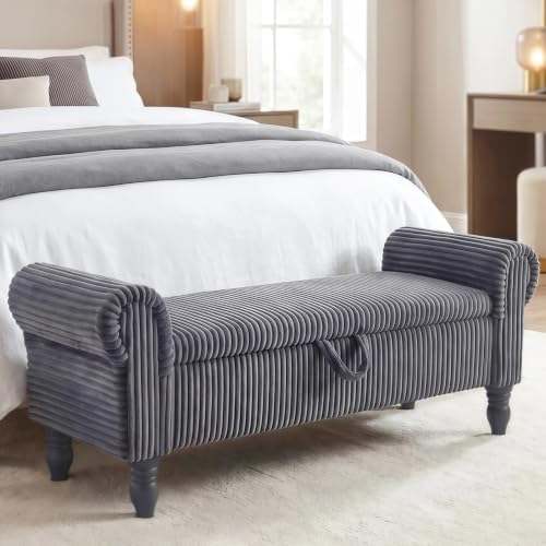 55" Corduroy Storage Ottoman Bench, Queen Bed, Grey by AtomhomeFurniture