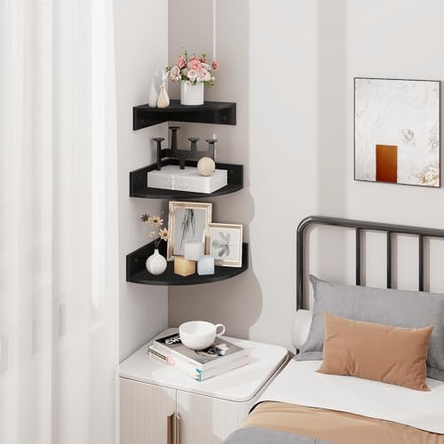 Homode Corner Floating Shelves, Set of 3 Corner Shelves Wall Mounted with Cable Hole, 3 Tier Wooden Hanging Corner Storage Shelf for Bedroom, Living Room, Kitchen, Black - Image 2