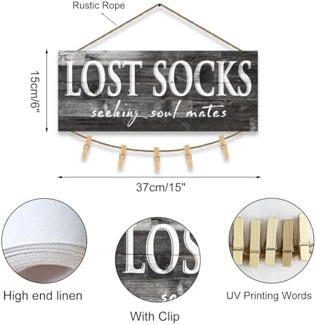 1 KINGO Laundry Lost Socks Rustic Sign Wall Decor for Washroom, Farmhouse Black Lost Socks Seeking Soul Mates Canvas Print Art, Rustic Plaque Bathroom Decoration 6" x 15" - Image 3