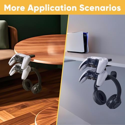 3 in 1 Under Desk Headphone Hanger with Adjustable Clamp Mount, 2 Controller Slots & 1 Headset Universal Holder Stand, Rotatable Hook Rack & Cable Organizer, for Home Gaming Xbox ps5 - Black - Image 5