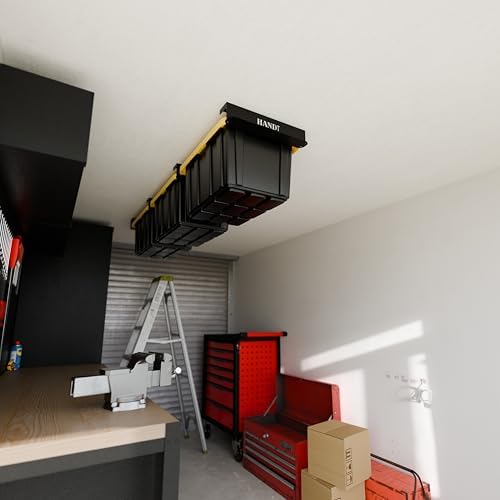 USA Based Overhead Garage Storage Rack, Connectable Heavy Duty Metal Ceiling Rails Garage Storage Organization Shelving System, Hanging Racks Tote Containers, Supports Up To 3 Bins, 2 Sets Black - Image 6