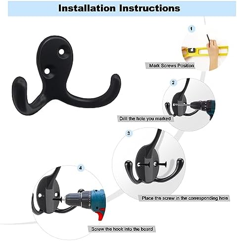 Kruodop 4 Pack Wall Hooks Wall Mounted Coat Hooks for Hanging Heavy Duty, Black Towel Hooks, Metal Double Coat Hanger with Screws Cup Retro for Coats, Handbags, Towels, Hat - Image 3