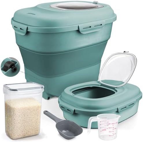 Komzon Rice Storage Bin Cereal Containers, 13-50lb Collapsible Rice Container Dispenser with Transparent Lid, Rolling Wheels, Measuring Cup and Scoop, Airtight Dog Cat Pet Food Storage Container Green by Komzon