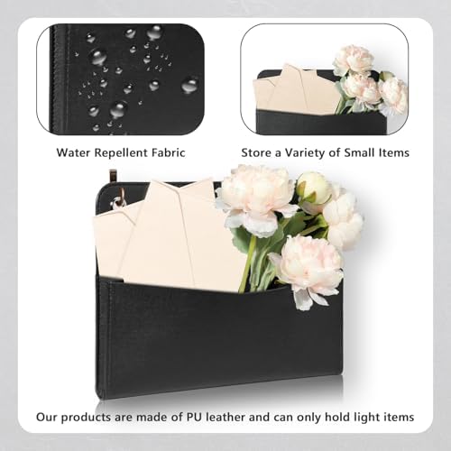 Wall Mount PU Leather Mail Holder Black Faux Leather Letter Holder 2 Ring 9.8" x 7.7" x 1.4" File Organizer Stylish Wall Hanging Mail Storage for Flowers Envelope Key Notebooks Home Office Decor - Image 3
