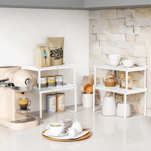 Goozii Counter Shelf Organizer Set of 4, Pantry Shelf Risers for Plates Dishes Cups Mugs Spices, Pantry Cupboard Cabinet Organizers and Storage Shelves Rack Insert for Countertop (White) - Image 2