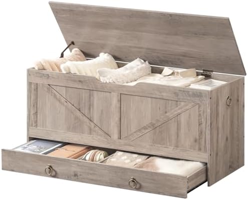 HOOBRO Storage Chest, 43.3" Toy Chest with Drawer, Wooden Storage Bench, Sturdy Entryway Bench Supports 330 lb, Shoe Bench, Safety Hinge, U-Shaped Opening, Easy Assembly, Greige BG711CW01G2 - Image 6