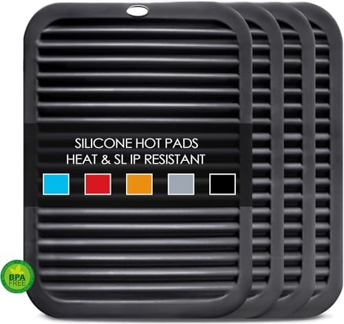Silicone Trivets for Hot Pots and Pans, 4 Pack Heat Resistant Pot Holders for kitchen, Large Silicone Trivet Mat for Hot Dishes, Black Hot Pads for Kitchen Counter, Hot Mats Spoon Rest, 9 * 12 Inches by QPIXDIGITAL