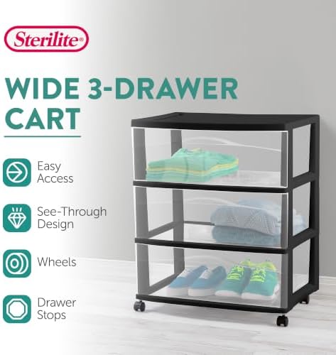 Sterilite 4 Pck Wide 3 Drawer Storage Cart Plastic Rolling Organizer, Black - Image 3