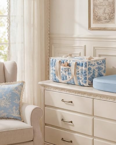 Blissful Diary Toile Diaper Caddy Organizer, Baby Diaper Basket, Blue Toile - Image 4