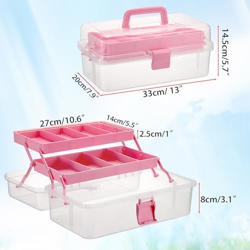 BTSKY 3-Layer Clear Plastic Dividing Storage Box Craft Organizer and Storage with Adjustable Spacers Portable Handled Art Supply Organizer Multipurpose Home Utility Box Sewing Organizers (Pink) - Image 5