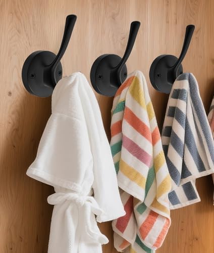 TOFIIGREM Black Wall Hooks Towel Hooks, 3 Pack Coat Hooks Robe Hook Heavy Duty Metal Double Bath Hook Wall Mounted, Hand Towel Hooks for Entryway Bathroom Kitchen Closet Garage - Image 2