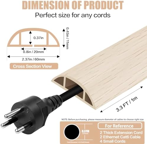 Floor Cord Cover Cavity 0.8"x0.37" Self Adhesive Cord Hider, 3.3FT Low Profile Cable Management, Extension Strip Protector for Wires, Prevent Cable Trips for Offices, Gyms, Exhibitions (Yellow Wood) - Image 2