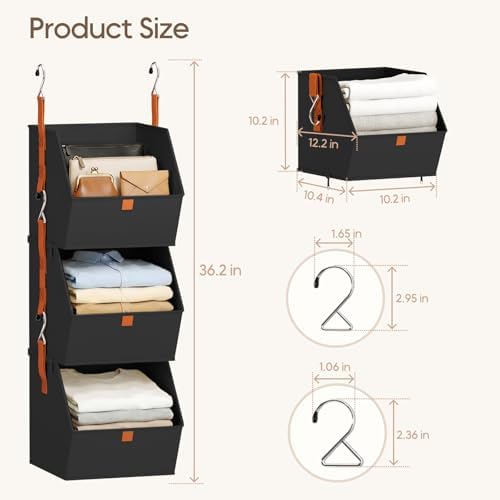 Homsorout Collapsible Hanging Closet Organizer - 3 Tier Closet Shelves Storage System with Hooks, Fabric Hanging Storage Bins for Clothes, Foldable Storage Basket for Laundry, Bedroom, Rv, Black - Image 6