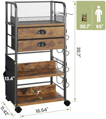 Wrapping Paper Storage Cart with 2 Fabric Drawers, Side Pockets and Hooks - Image 3