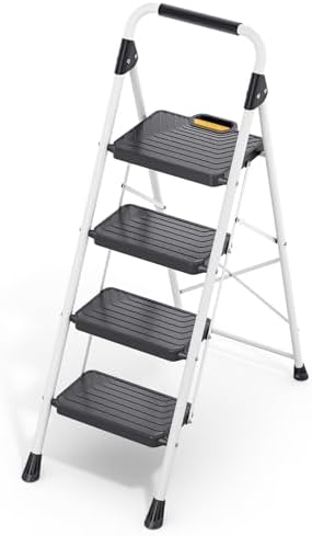 TOOLF 4 Step Ladder, Folding Portable Ladder with Anti-Slip Pedals, White by TOOLF