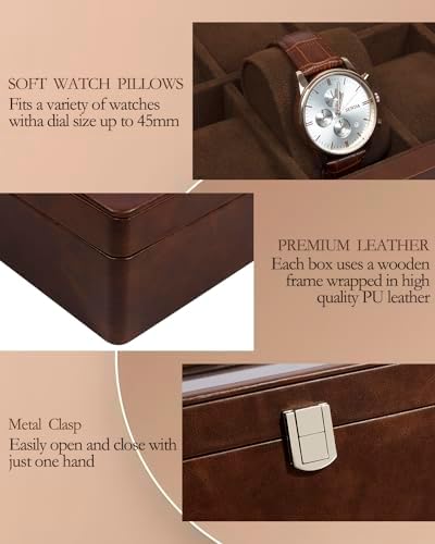 GUKA Watch Case, 12 Slot Watch Box with Large Real Glass Lid, Watch Organizer with Removable Watch Pillow, Brown Retro Synthetic Leather Watch Display, Brown - Image 4