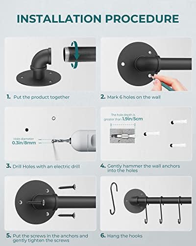 OROPY 21'' Pot Rack Wall Mounted, Iron Pipe Hanging Rack, 10 S Hooks, 2Pack - Image 6