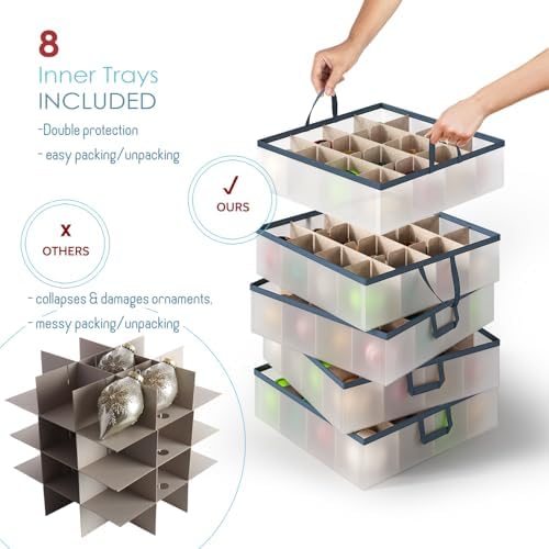 Large Christmas Ornament Storage Box With Adjustable Dividers - Plastic Ornament Storage Container For 128 Holiday Ornaments or Decorations - By Hearth & Harbor - Image 2