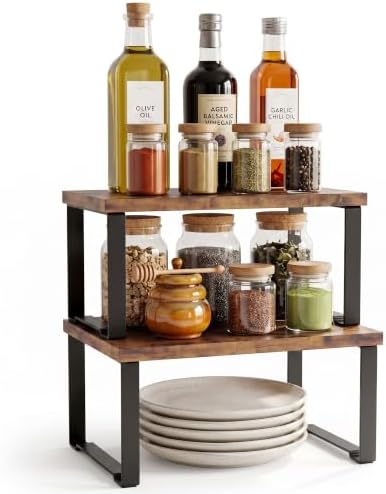 Cabinet Organizer Shelf, Counter Shelves Set of 2, Expandable Spice Rack,Kitchen Storage Riser,Stackable, for Kitchen, Countertop, Office Desk, Living Room, Rustic Brown by HOME