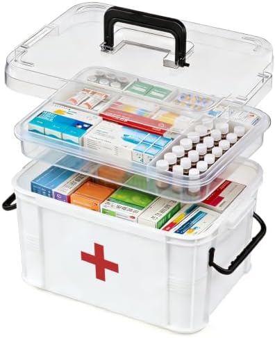 15QT Clear Medicine Organizer Box with Handle, Plastic Medicine Container with Tray First Aid Box Empty, Thickened Medicine Storage Organizer Multipurpose Medication Organizer Storage, White by ANYPROLUS