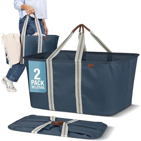 Collapsible Laundry Tote LUXE (300D) - Navy Noir/Cream (2PK) by CleverMade