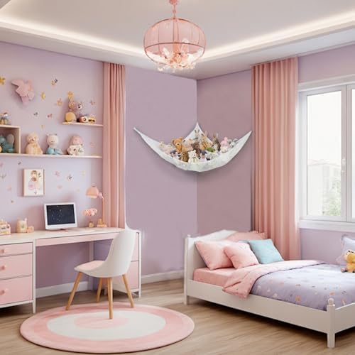 Stuffed Animal Net Hammock Corner Large Toy Storage Organizer Holder Plushies Stuffy Storage Hammock for Kids Baby Nursery Bedroom Playroom Home Wall Room Decor (White) - Image 7