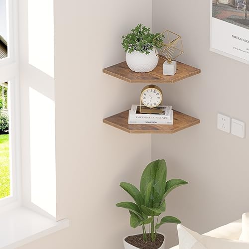 JJL Corner Wall Shelf, 10.4 Inch Wooden Corner Shelves, Set of 2 Floating Shelf for Wall Storage, Wall Mount Corner Shelves for Room Decoration, Rust Brown - Image 2